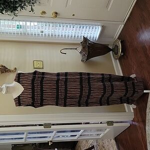 Patrick Collection black tan red print sleeveless maxi dress 100% silk  14 EUC…